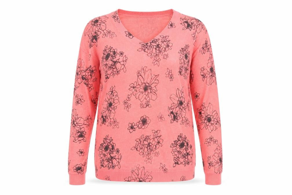 Marks & Spencer Womens Pink V-Neck Floral Acrylic Pullover Jumper Size M