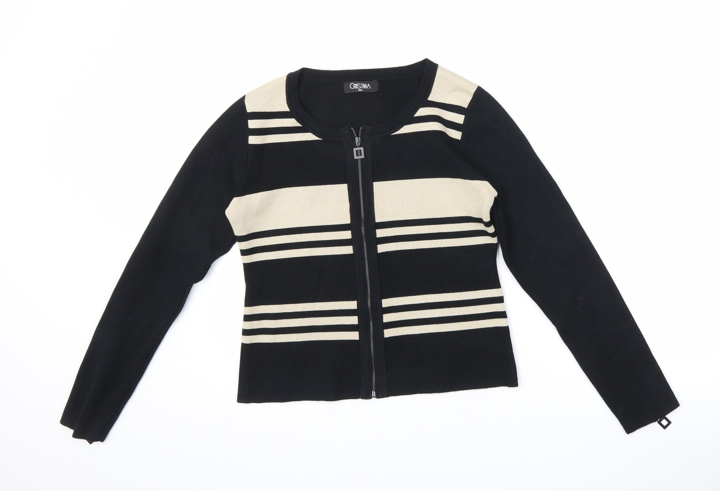 Cristina Womens Black Round Neck Viscose Full Zip Jumper Size M - Striped Zipped Cuffs Size M-L