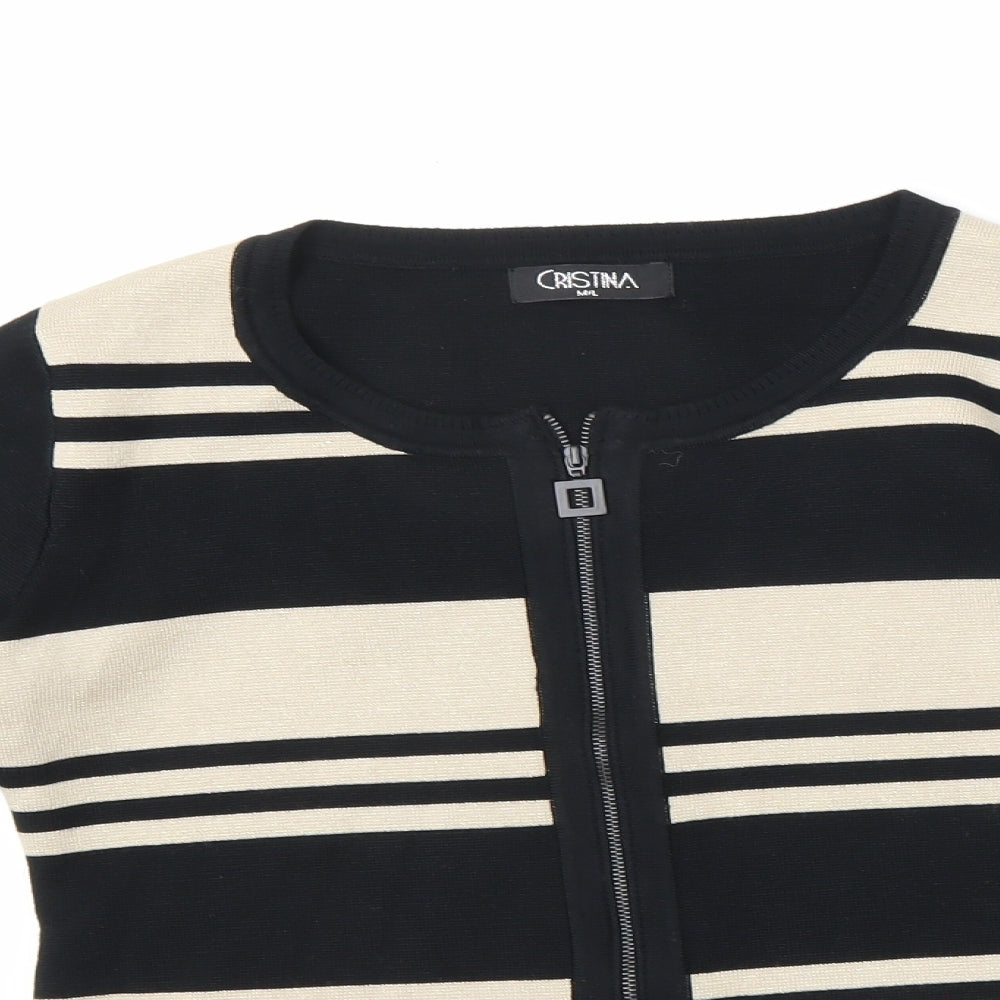 Cristina Womens Black Round Neck Viscose Full Zip Jumper Size M - Striped Zipped Cuffs Size M-L