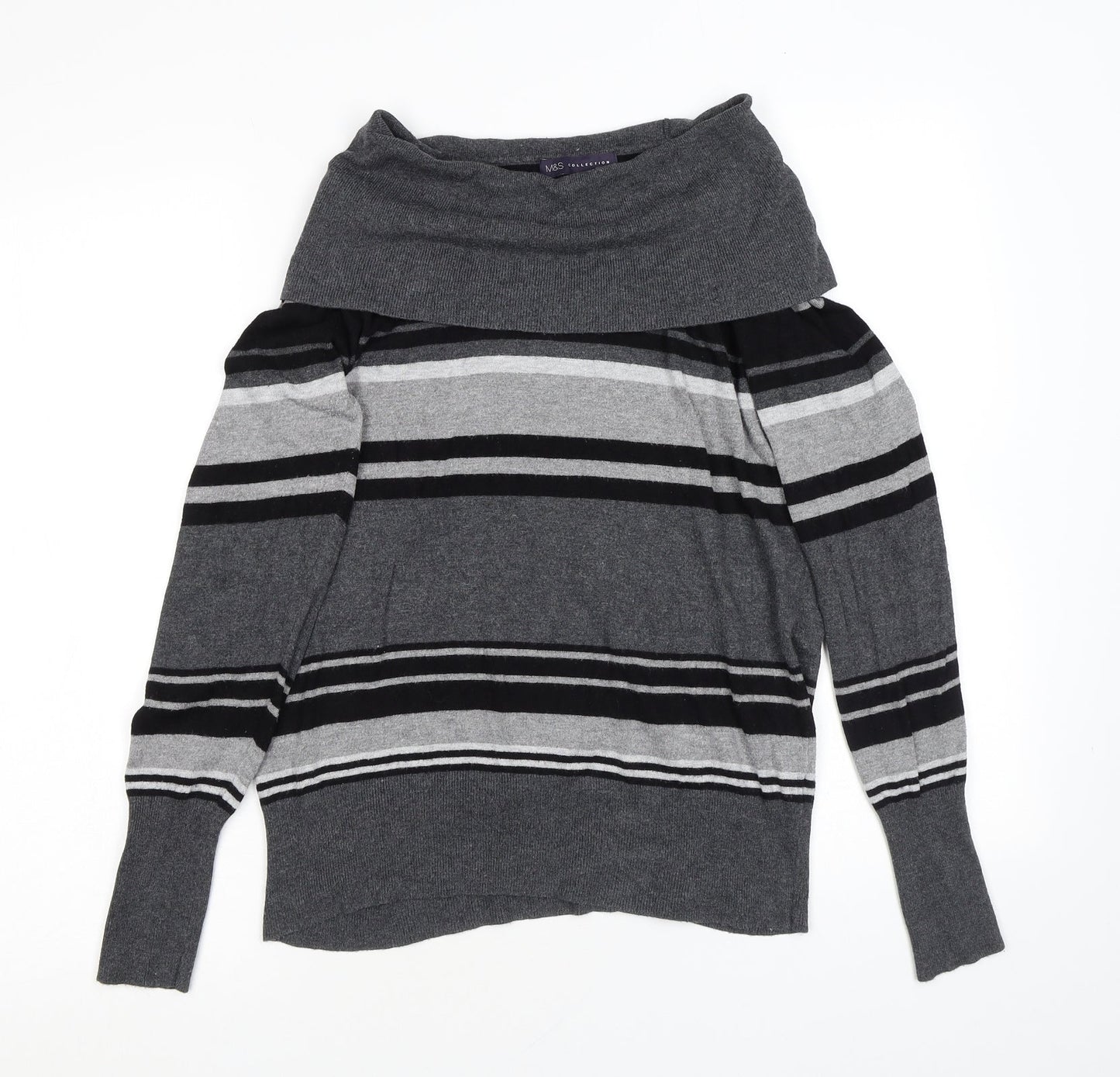 Marks and Spencer Womens Grey Roll Neck Striped Viscose Pullover Jumper Size 14