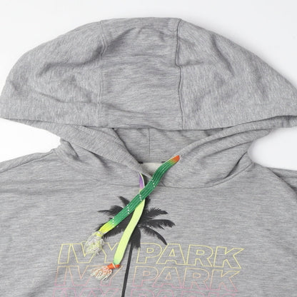 Close-up detail of IVY PARK women’s grey polyester pullover hoodie, size S, pullover