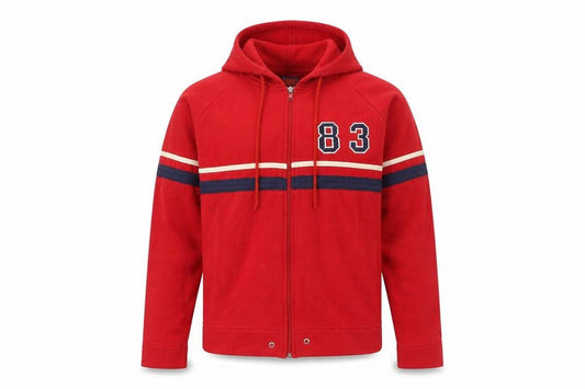 Fluid Mens Red Cotton Full Zip Hoodie Size S - 83, Drawstring, Striped detail