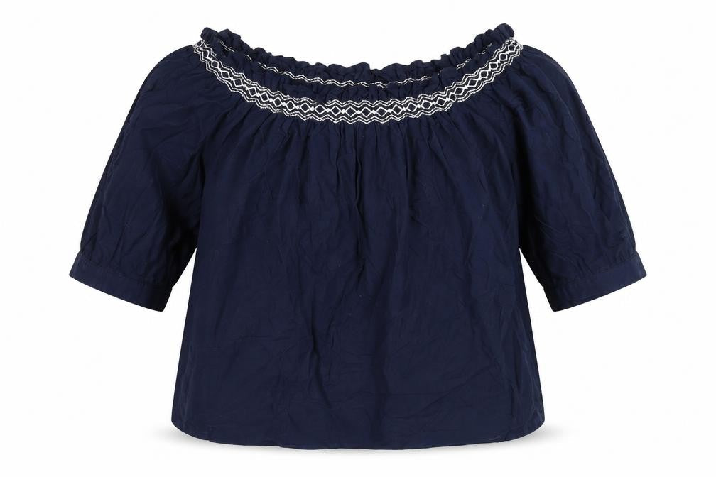 Marks & Spencer Womens Blue Cotton Basic Blouse Size 14 Off the Shoulder - Embroidered Detail