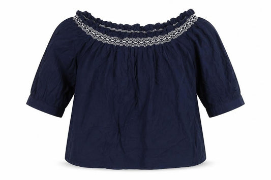Marks and Spencer Womens Blue Cotton Basic Blouse Size 14 Off the Shoulder - Embroidered Detail