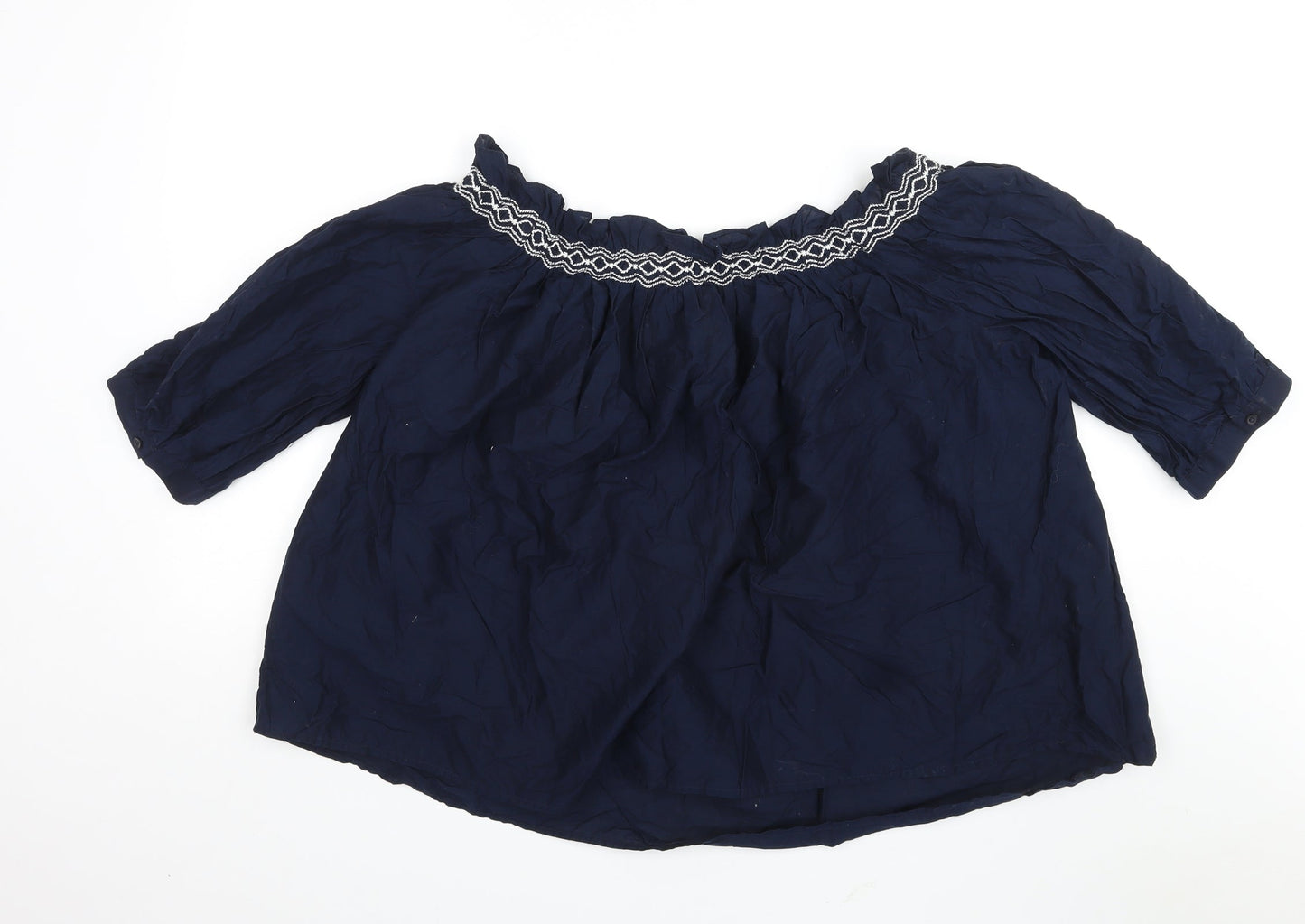 Marks and Spencer Womens Blue Cotton Basic Blouse Size 14 Off the Shoulder - Embroidered Detail