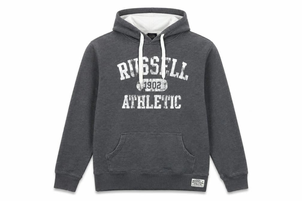 Russell Athletic Mens Grey Polyester Pullover Hoodie Size M - Logo, Pocket, Drawstring