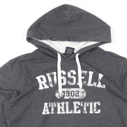 Russell Athletic Mens Grey Polyester Pullover Hoodie Size M - Logo, Pocket, Drawstring