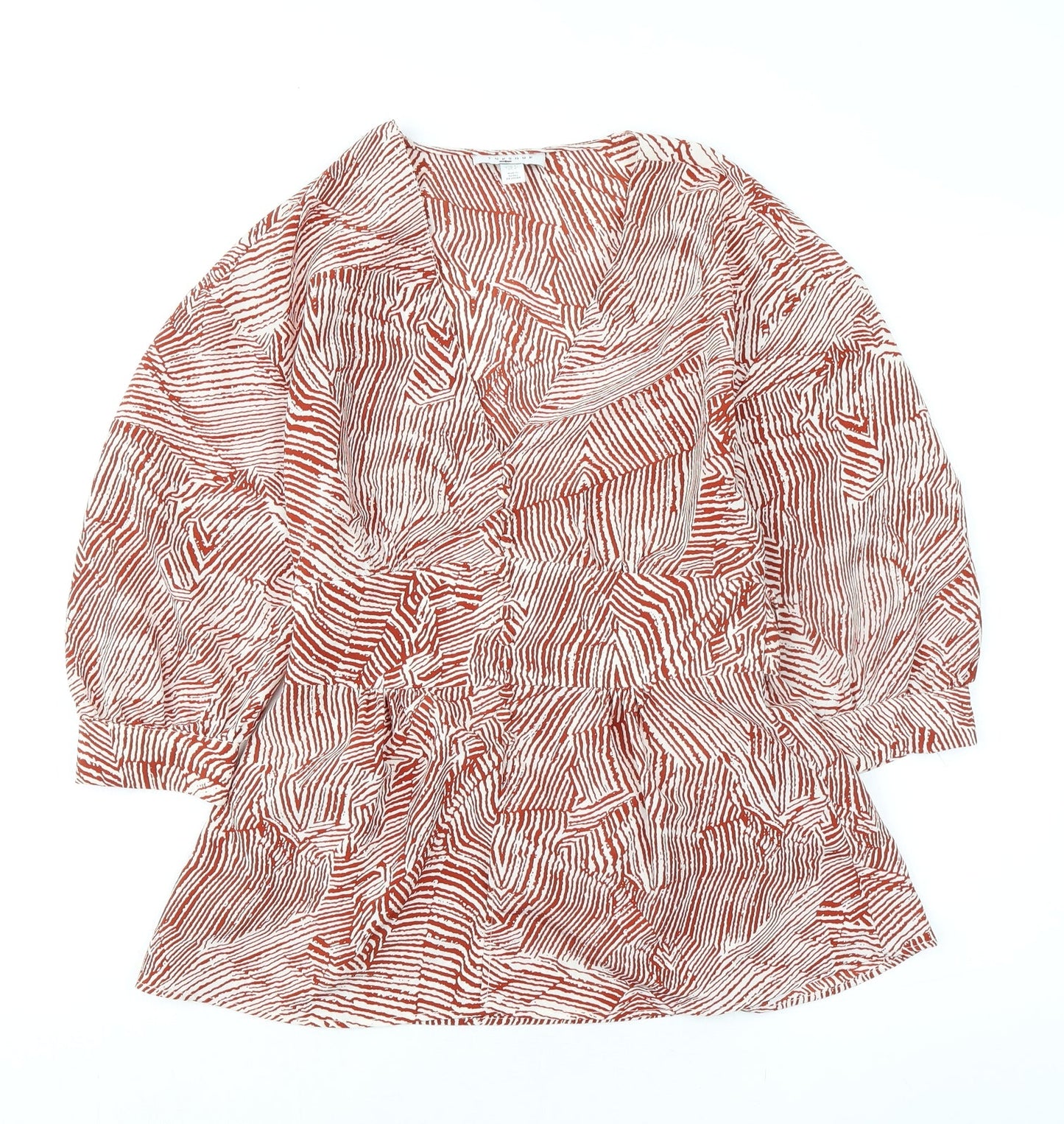 Topshop Womens Orange Geometric Polyester Basic Blouse Size 8 V-Neck - Tie Back Detail