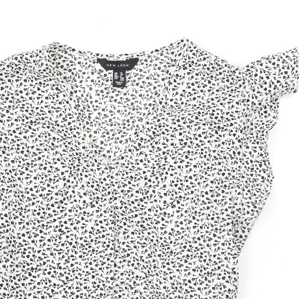 New Look Womens Ivory Floral Polyester Basic T-Shirt Size 12 V-Neck - Ruffle Detail