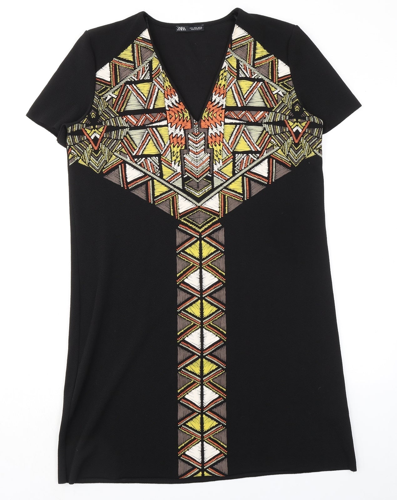 Zara Womens Black Geometric Polyester Kaftan Size S V-Neck Pullover