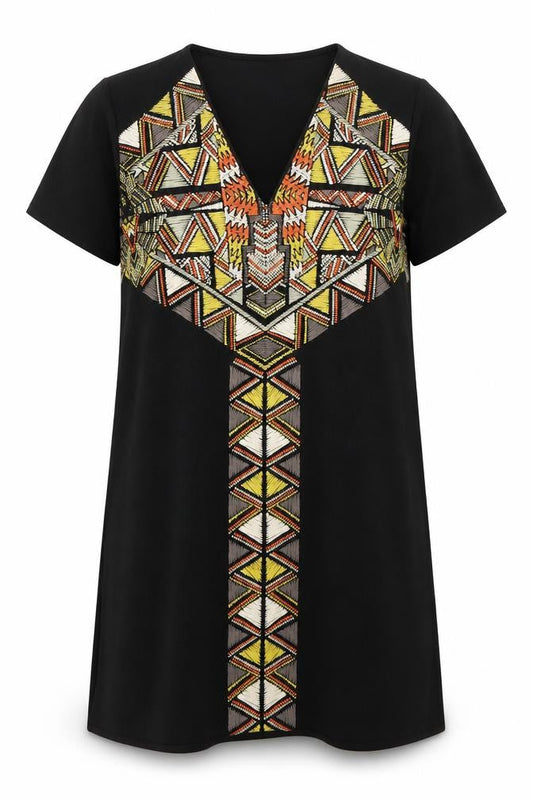 Zara Womens Black Geometric Polyester Kaftan Size S V-Neck Pullover
