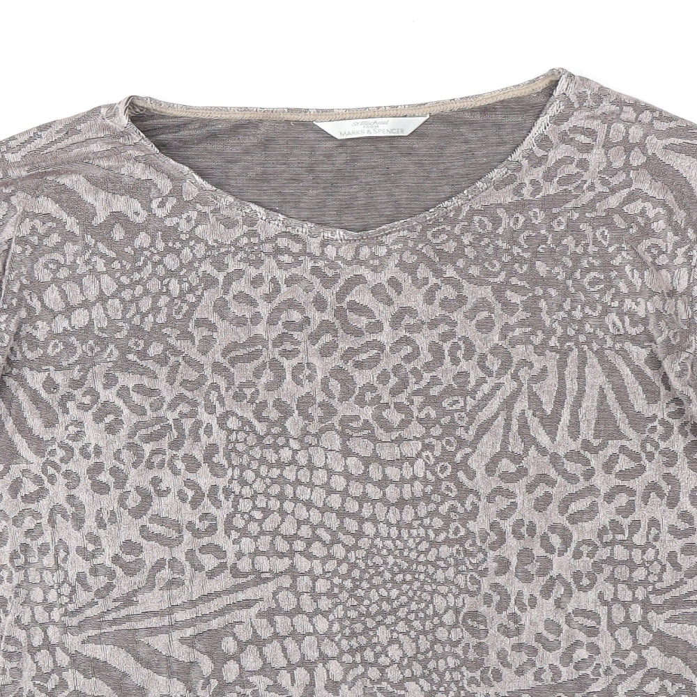 Marks and Spencer Womens Grey Animal Print Acetate Basic T-Shirt Size 16 V-Neck - Leopard Print
