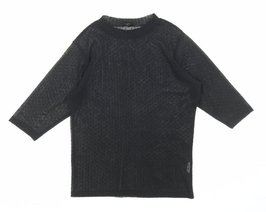 River Island Womens Black Polka Dot Polyester Basic T-Shirt Size 8 Mock Neck - Sheer