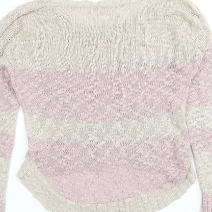 Crafted Womens Pink Round Neck Striped Cotton Pullover Jumper Size 12 - Heart