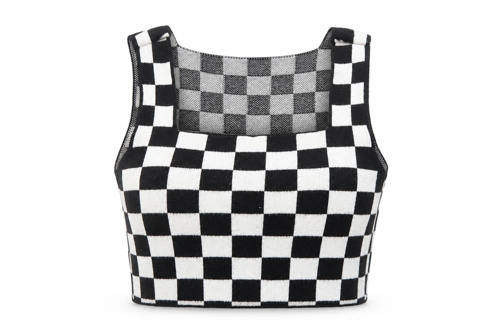 ASOS Womens Black Check Acrylic Cropped Tank Size 4 Square Neck