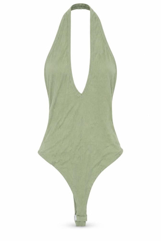 Front view of ASOS women’s green viscose bodysuit one-piece, size UK 4, snap