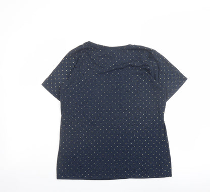 Back view of ICHI women’s blue polka dot polyester basic tank, size M, round neck