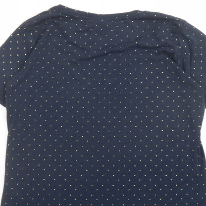Brand and care label for ICHI women’s blue polka dot polyester basic tank, size M, round neck
