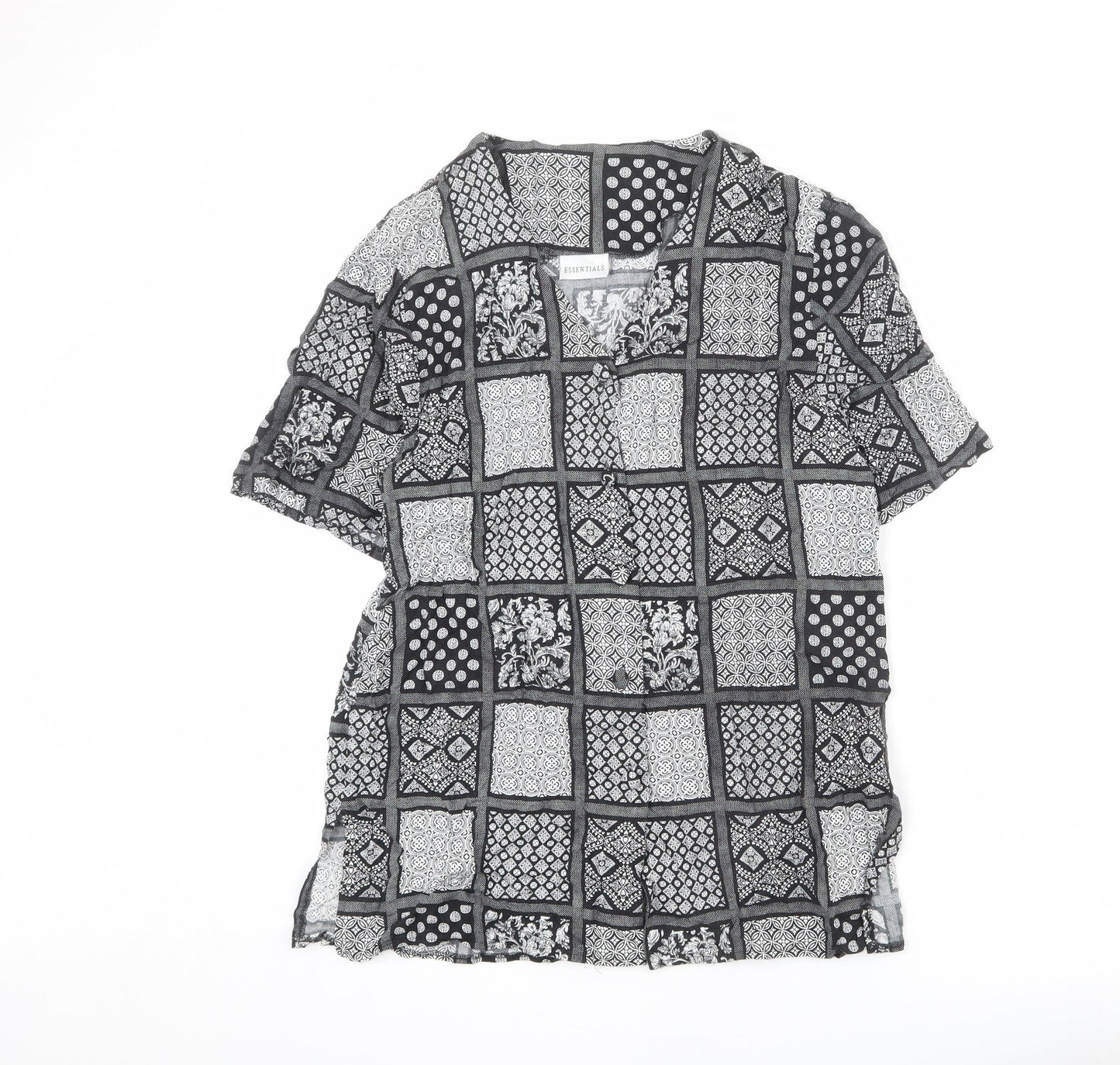 Essentials Womens Black Geometric Viscose Basic Button-Up Size 14 V-Neck
