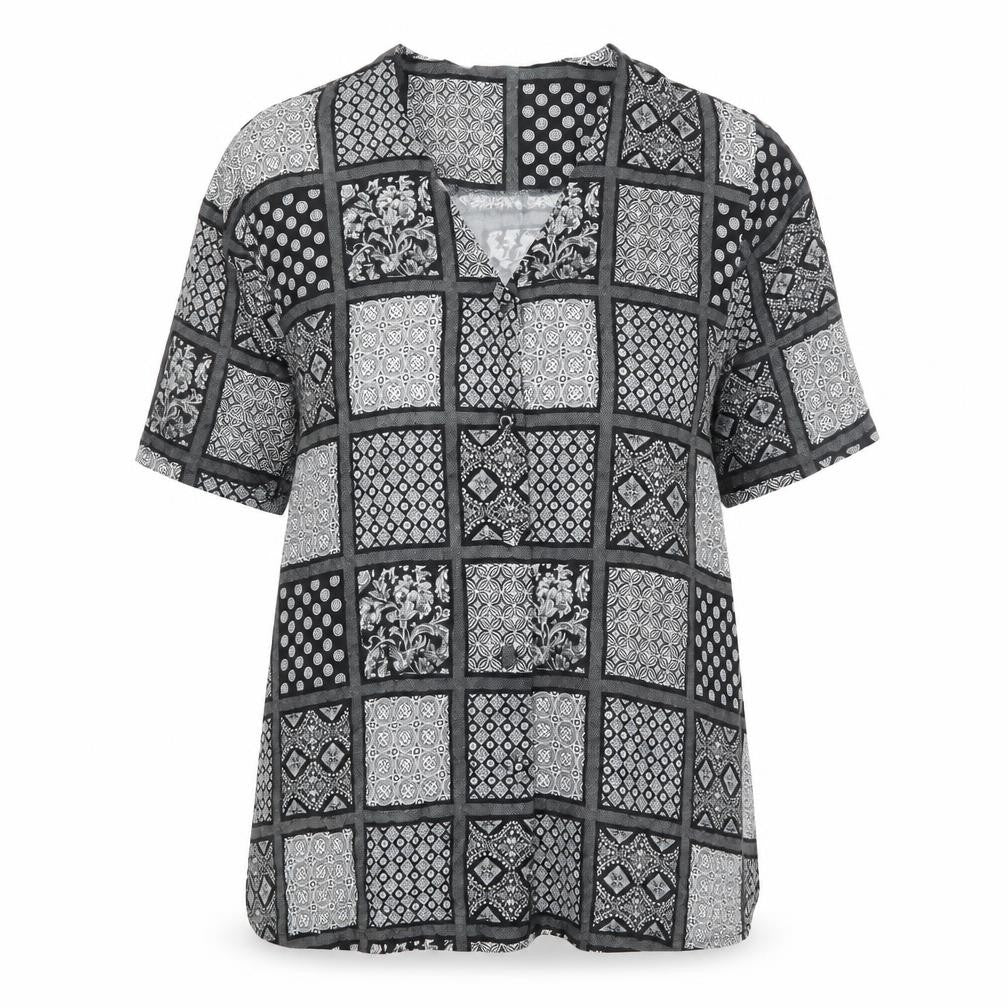 Essentials Womens Black Geometric Viscose Basic Button-Up Size 14 V-Neck
