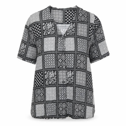 Essentials Womens Black Geometric Viscose Basic Button-Up Size 14 V-Neck