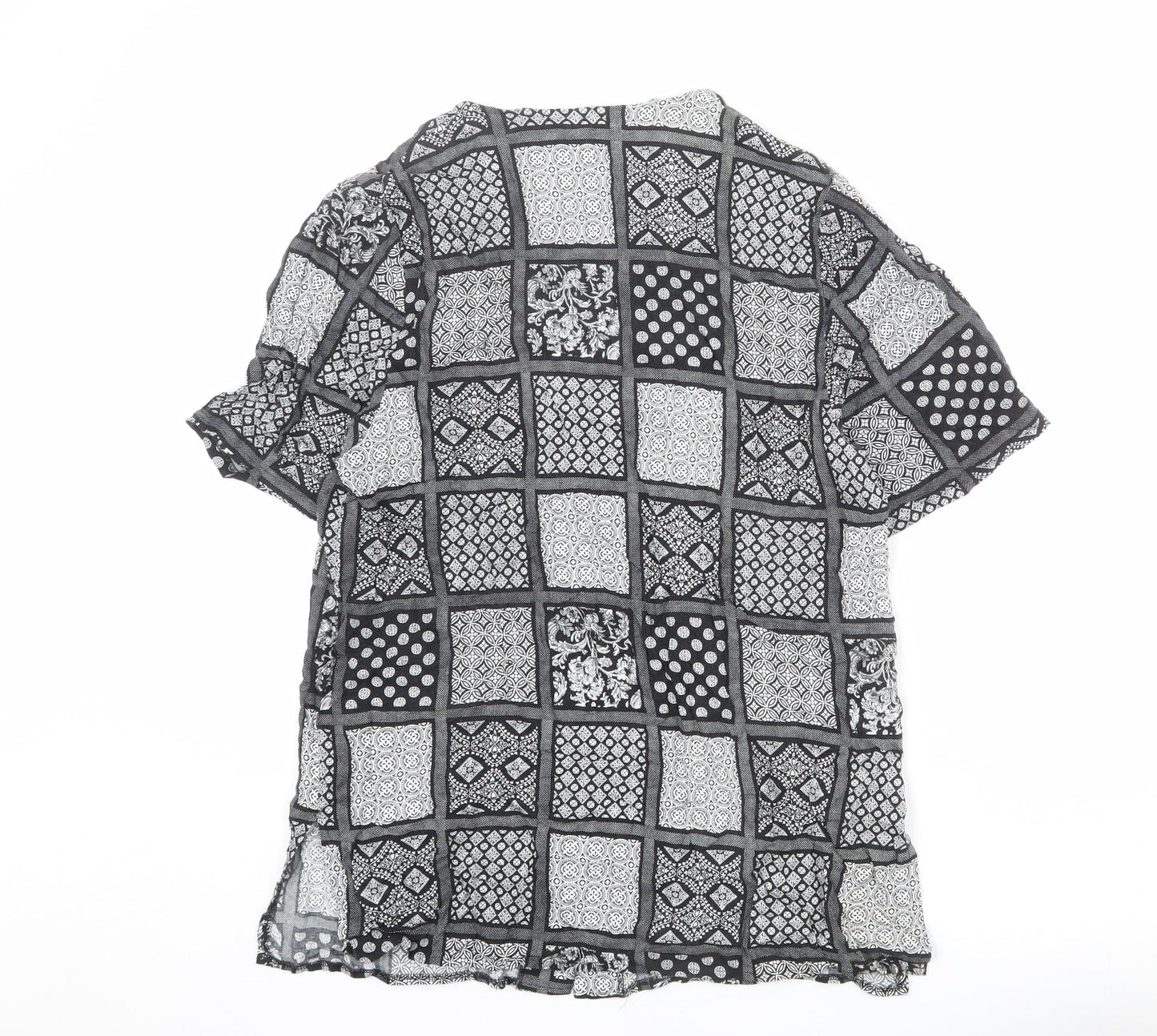 Essentials Womens Black Geometric Viscose Basic Button-Up Size 14 V-Neck