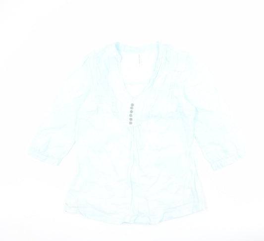 Marks and Spencer Womens Blue Geometric Linen Basic Blouse Size 10 V-Neck