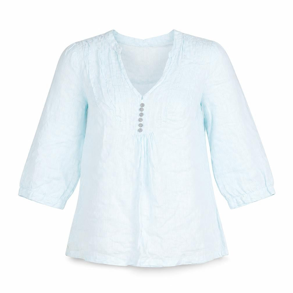 Marks & Spencer Womens Blue Geometric Linen Basic Blouse Size 10 V-Neck
