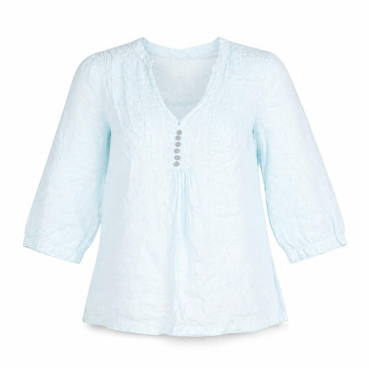 Marks and Spencer Womens Blue Geometric Linen Basic Blouse Size 10 V-Neck