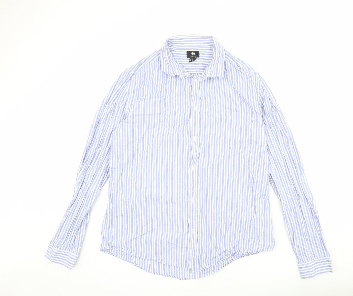 H&M Mens Blue Striped Cotton Button-Up Size XL Collared Button
