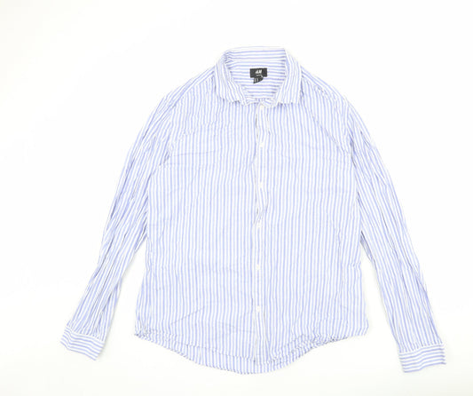 H&M Mens Blue Striped Cotton Button-Up Size XL Collared Button