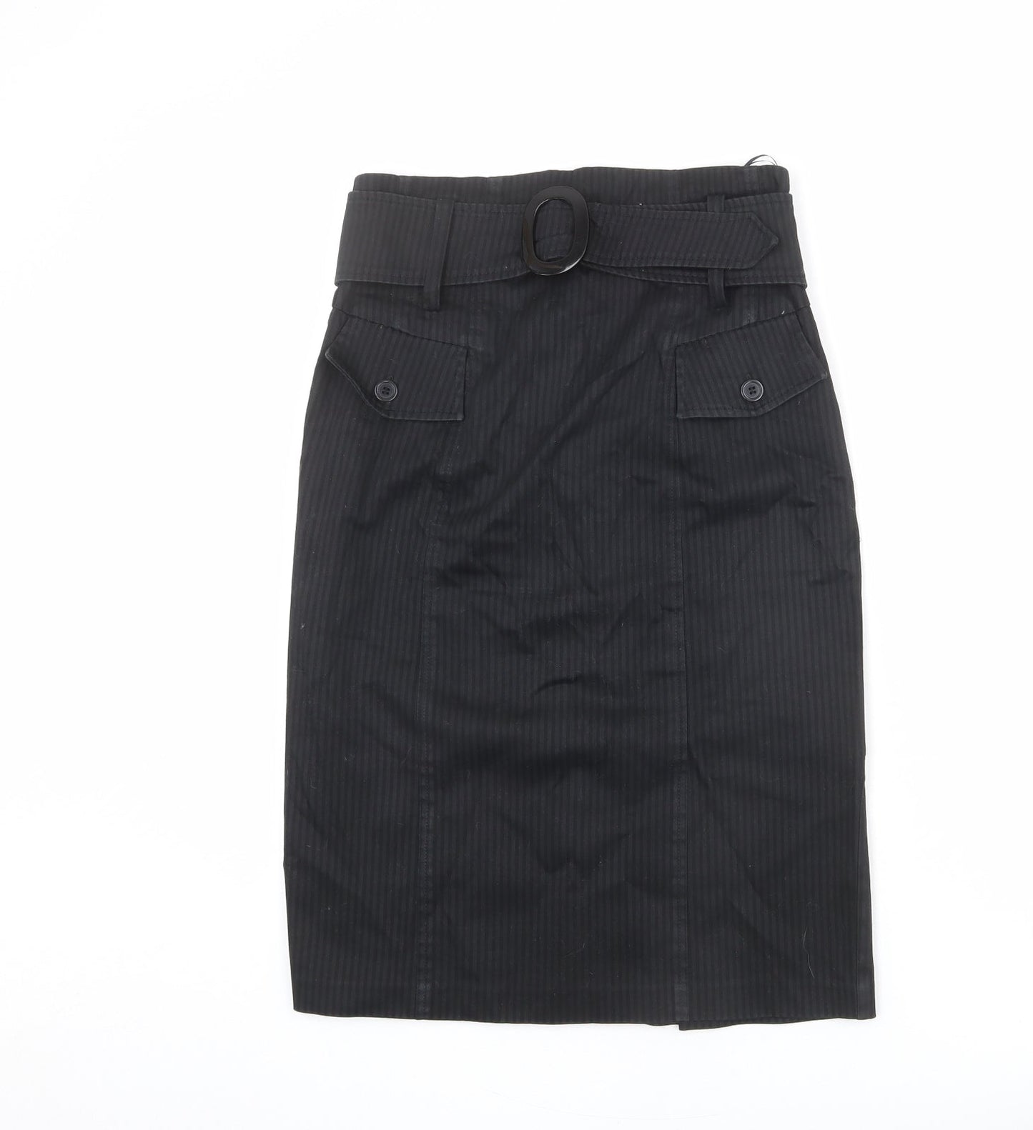 Monsoon Womens Black Striped Cotton Straight & Pencil Skirt Size 12 Zip - Belted