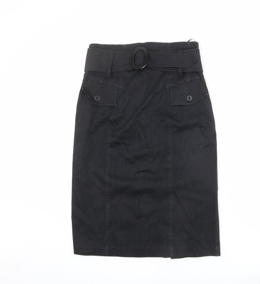 Monsoon Womens Black Striped Cotton Straight & Pencil Skirt Size 12 Zip - Belted