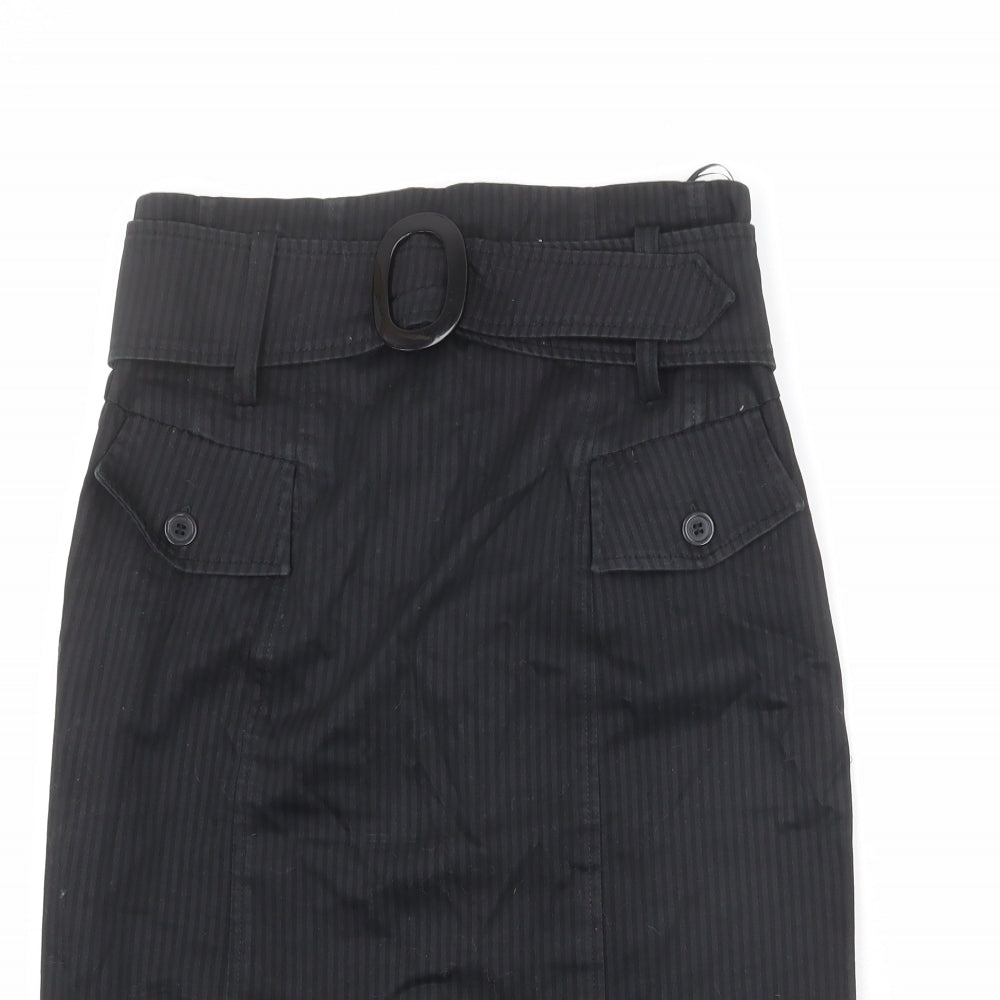 Monsoon Womens Black Striped Cotton Straight & Pencil Skirt Size 12 Zip - Belted