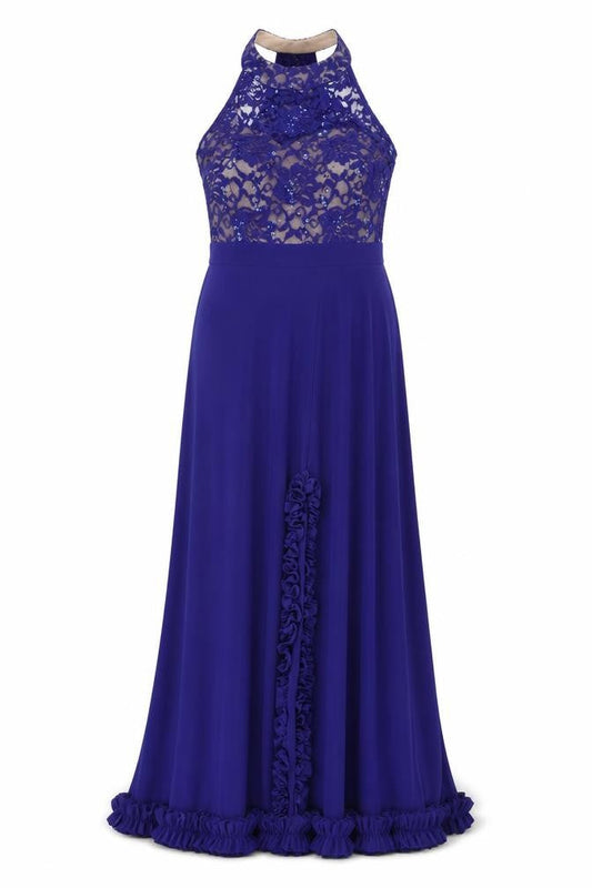 Morgan & Co. Womens Blue Polyester Ball Gown Size 10 Halter Zip - Lace Details