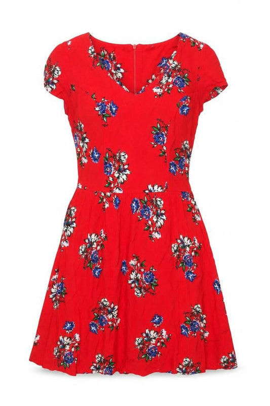 New Look Womens Red Floral Viscose A-Line Size 8 V-Neck Zip
