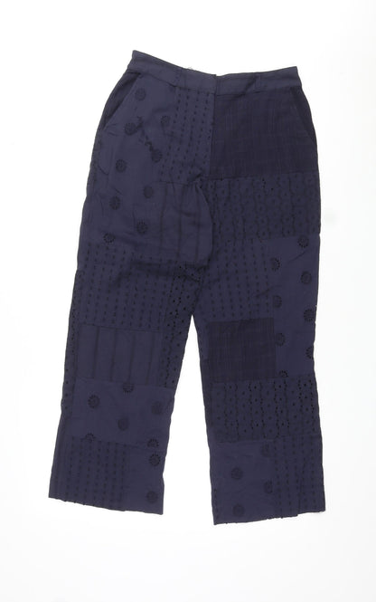 Zara Womens Blue Geometric Cotton Trousers Size XS L27 in Regular Zip
