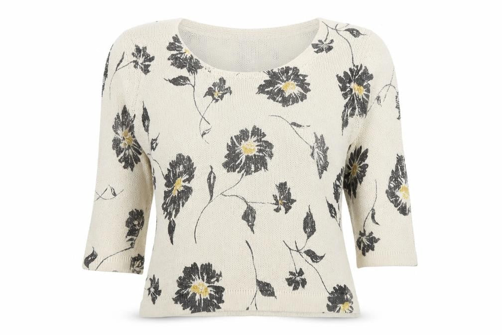 Minuet Womens Beige Scoop Neck Floral Silk Pullover Jumper Size 12