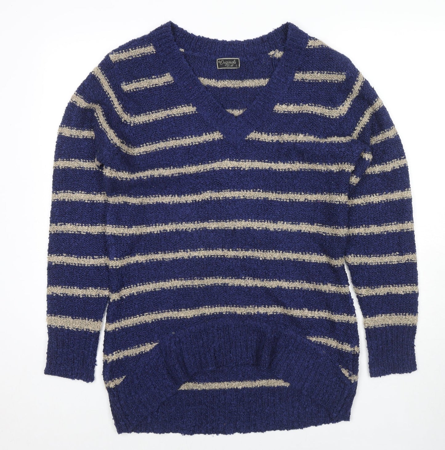 Originals Womens Blue V-Neck Striped Acrylic Pullover Jumper Size L