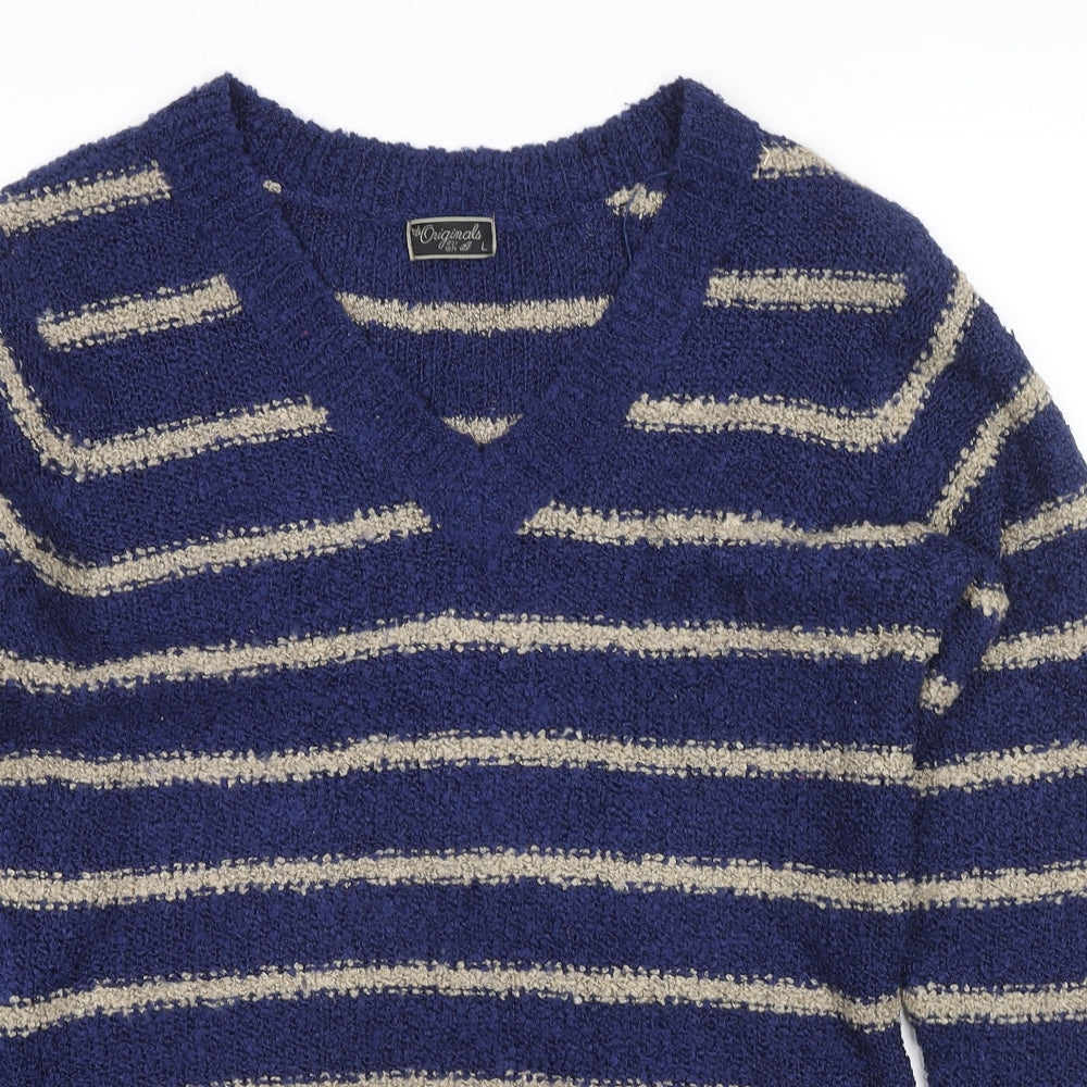 Originals Womens Blue V-Neck Striped Acrylic Pullover Jumper Size L