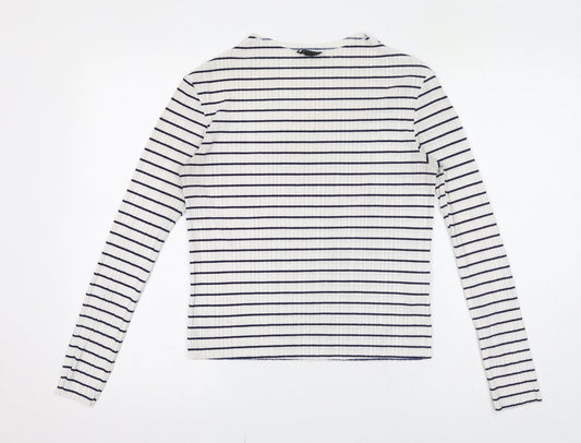 Topshop Womens White Striped Polyester Basic T-Shirt Size 8 Crew Neck
