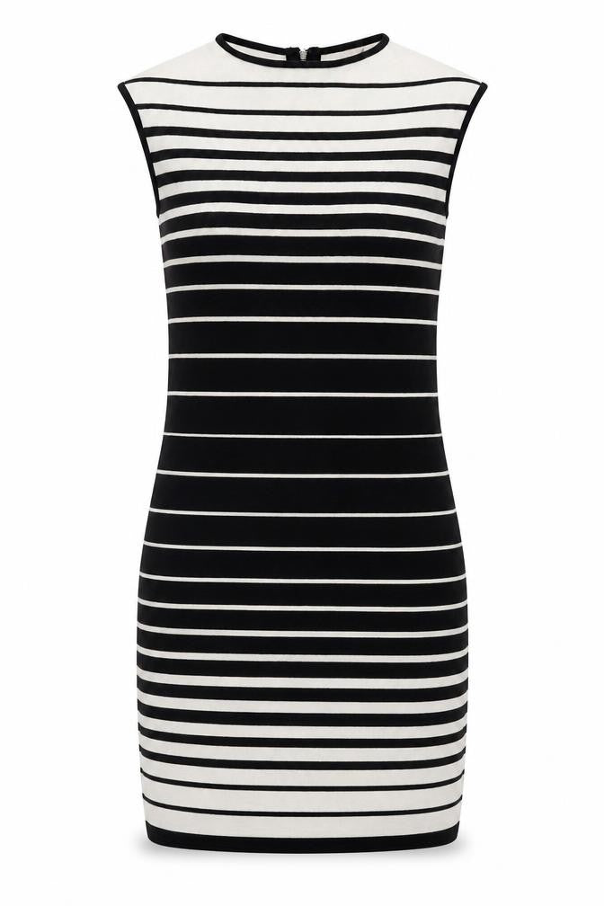 Adrienne Vittadini Womens Black Striped Viscose Shift Size M Round Neck Zip