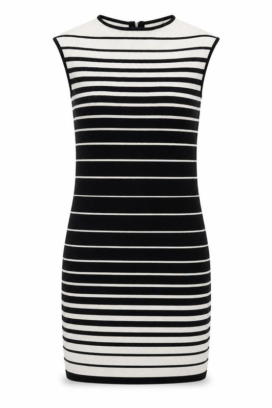 Adrienne Vittadini Womens Black Striped Viscose Shift Size M Round Neck Zip