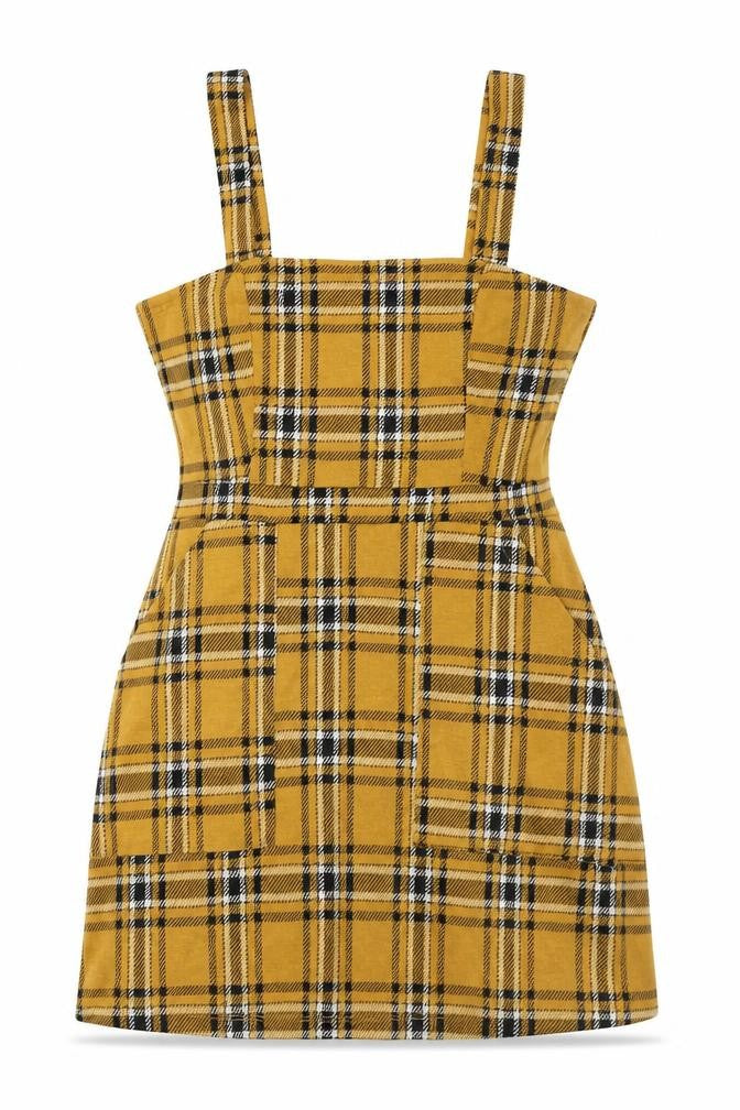 Bershka Womens Yellow Check Polyester Mini Size S Square Neck Pullover