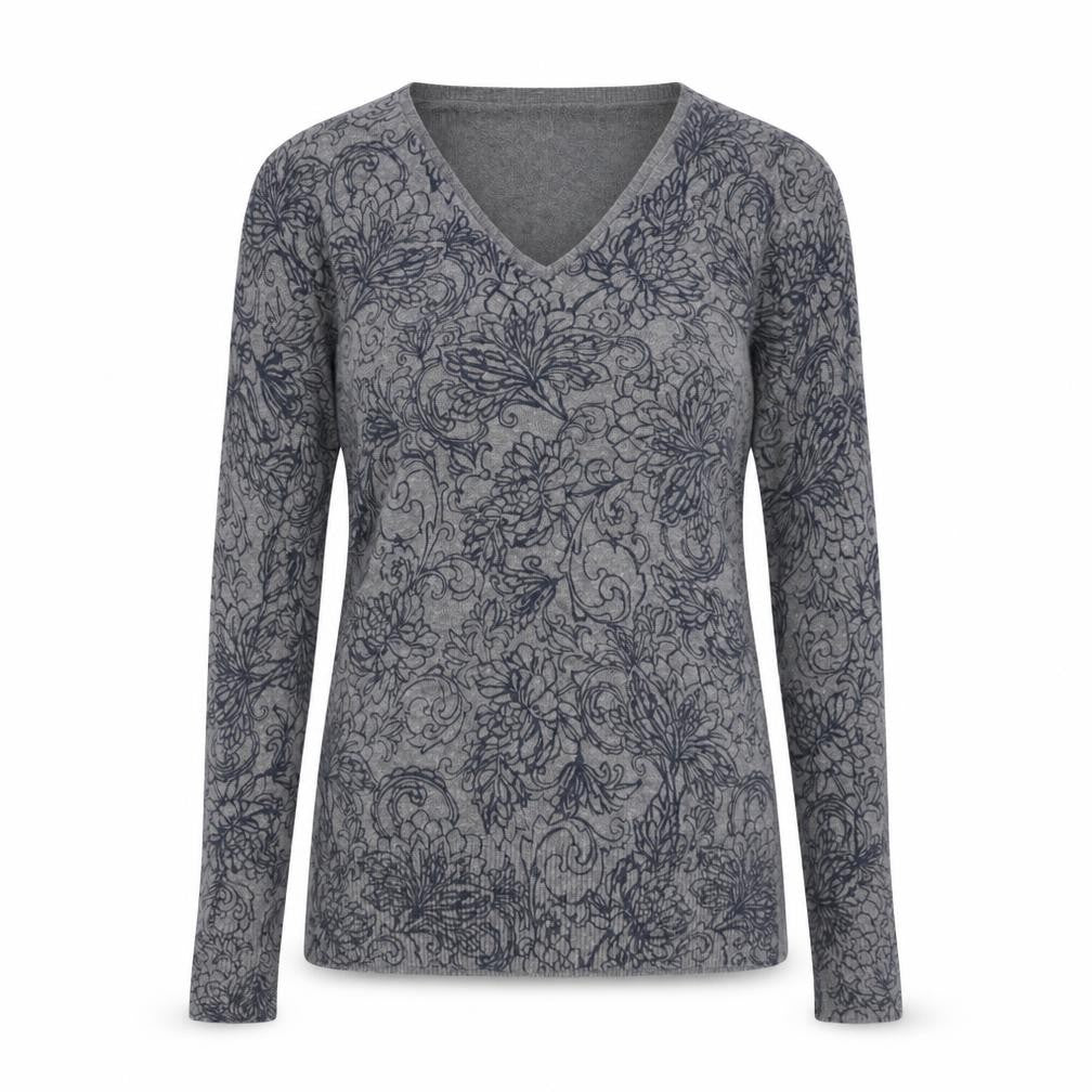 Gap Womens Grey V-Neck Floral 100% Cotton Pullover Jumper Size S