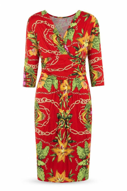 Fran Jane Womens Red Floral Viscose Pencil Dress Size 10 V-Neck Zip