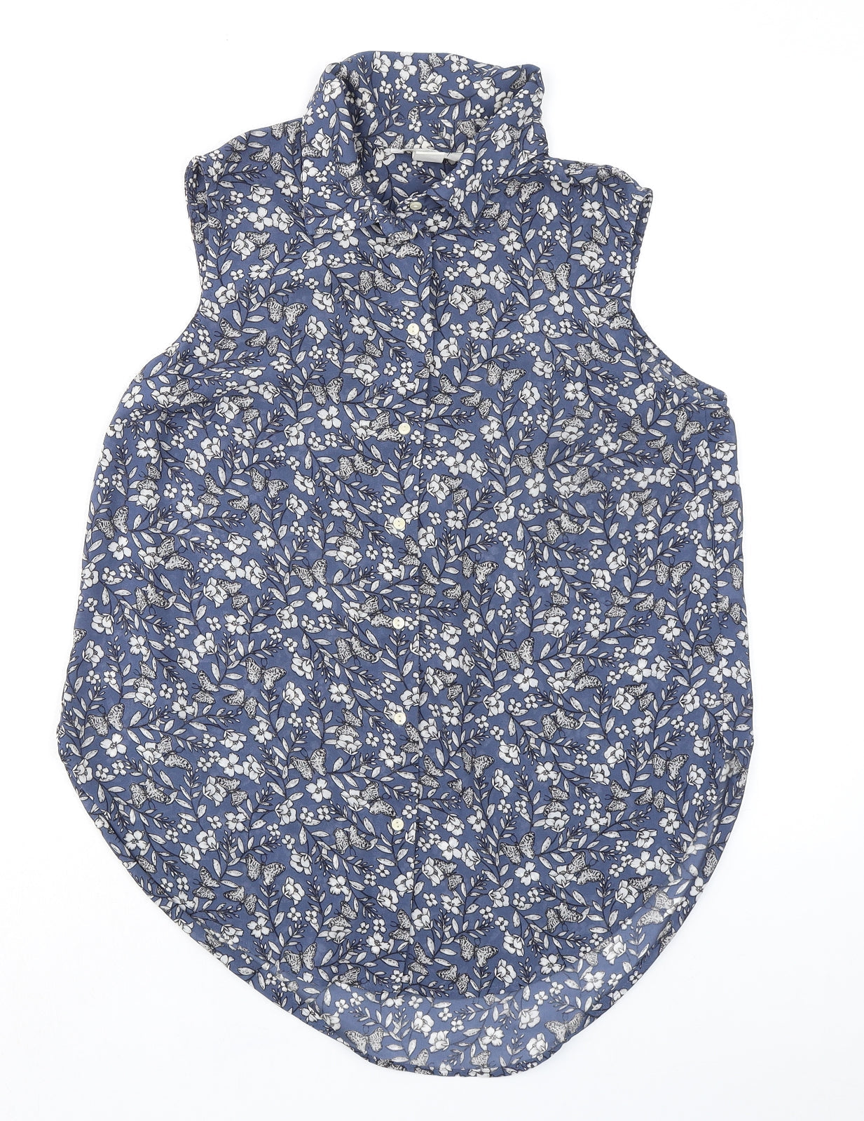 H&M Womens Blue Floral Polyester Basic Button-Up Size 10 Collared