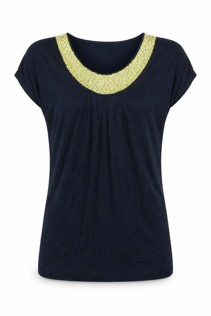 Front view of Autograph women’s blue viscose basic t-shirt, size UK 10, round neck