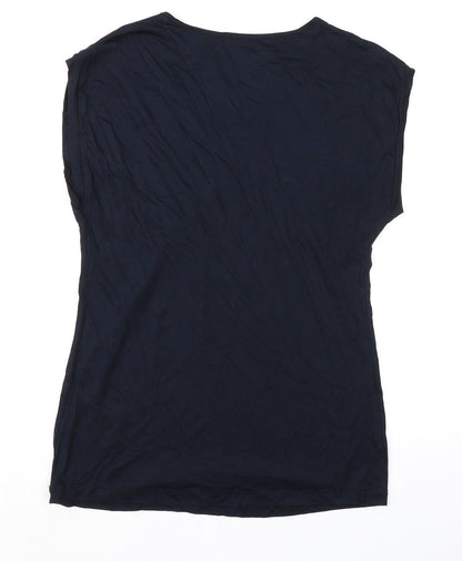 Back view of Autograph women’s blue viscose basic t-shirt, size UK 10, round neck