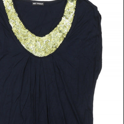 Close-up detail of Autograph women’s blue viscose basic t-shirt, size UK 10, round neck